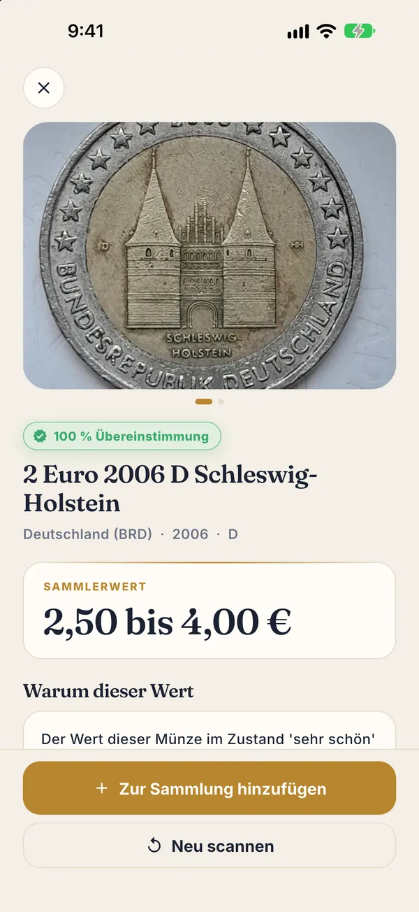 Münzen Wert Ergebnis: 2 Euro 2006 D Schleswig-Holstein mit 100 Prozent Übereinstimmung und Sammlerwert 2,50 bis 4,00 Euro