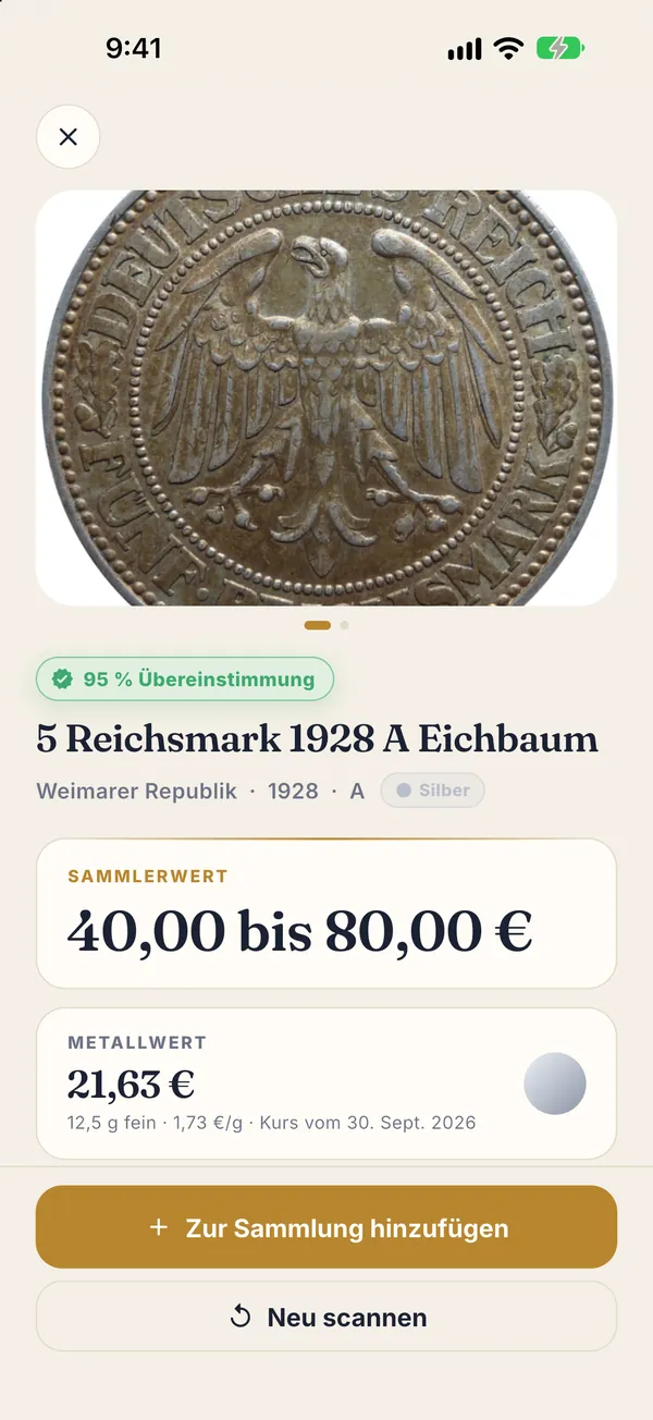 Münzen Wert Ergebnis: 5 Reichsmark 1928 A Eichbaum mit 95 Prozent Übereinstimmung, Sammlerwert 40 bis 80 Euro und Metallwert 21,63 Euro