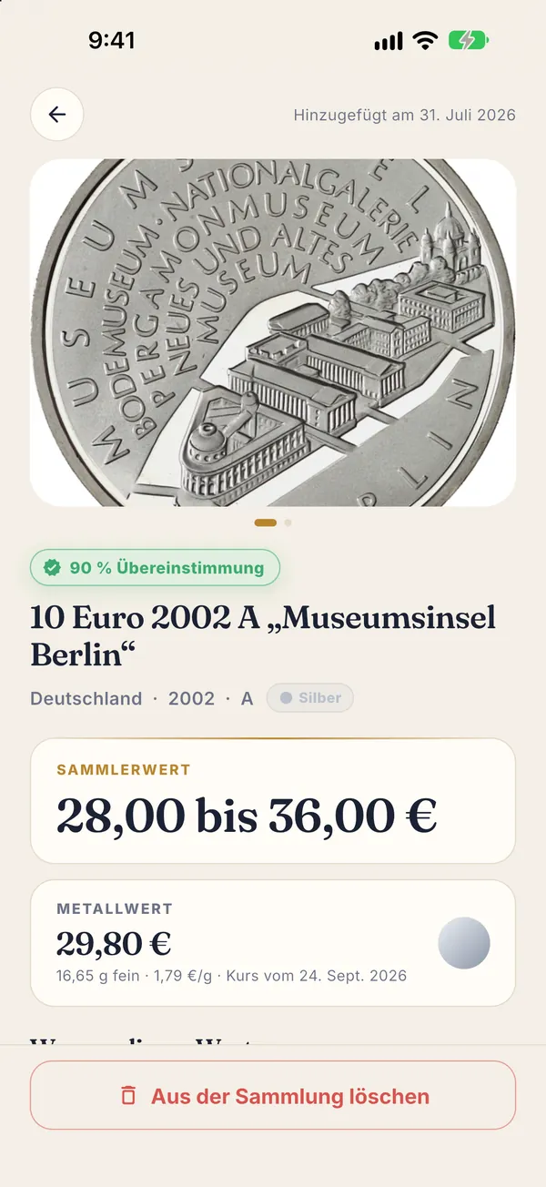 Münzen Wert: 10 Euro 2002 A Museumsinsel Berlin, Sammlerwert 28 bis 36 Euro, Metallwert 29,80 Euro bei 16,65 g Feinsilber