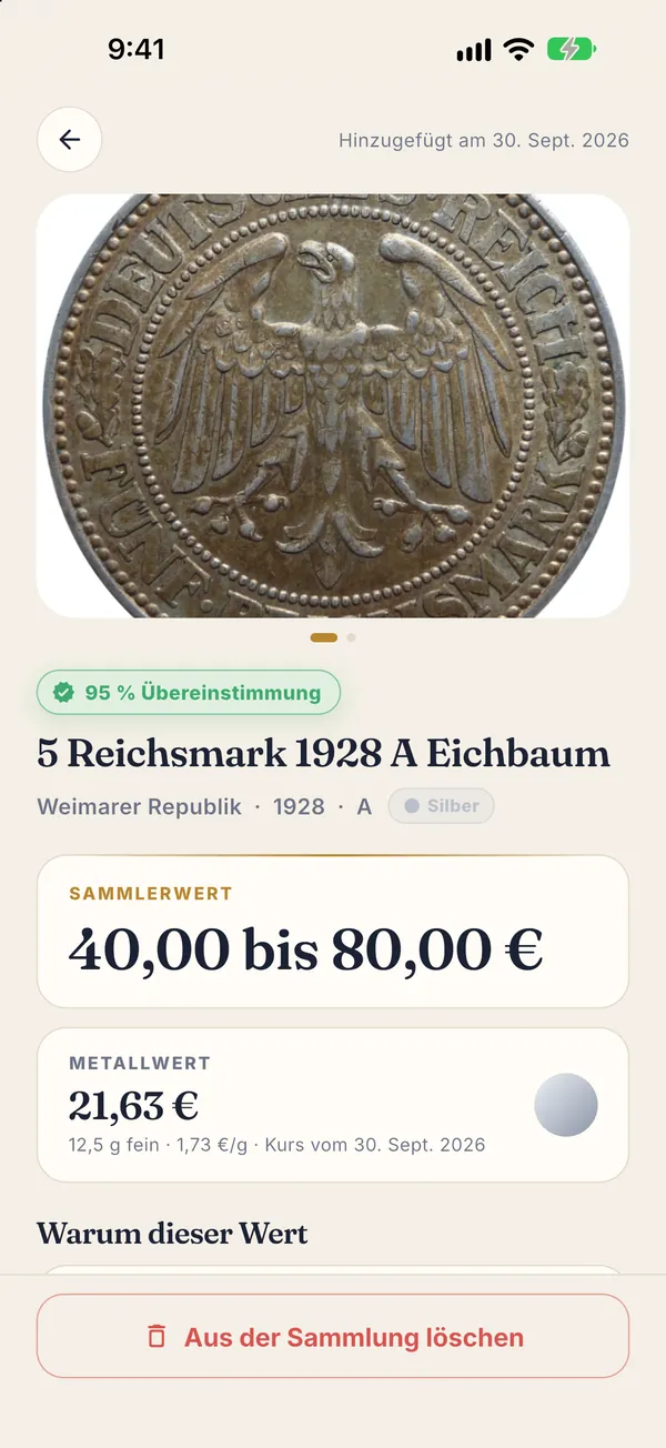Münzen Wert Ergebnis: 5 Reichsmark 1928 A Eichbaum, Weimarer Republik, 95 Prozent Übereinstimmung, Sammlerwert 40 bis 80 Euro, Metallwert 21,63 Euro