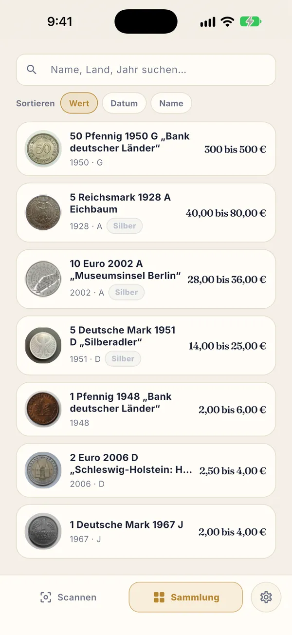 Münzen Wert Sammlung mit 5 Deutsche Mark 1951 D Silberadler, 14 bis 25 Euro, und weiteren Münzen sortiert nach Wert