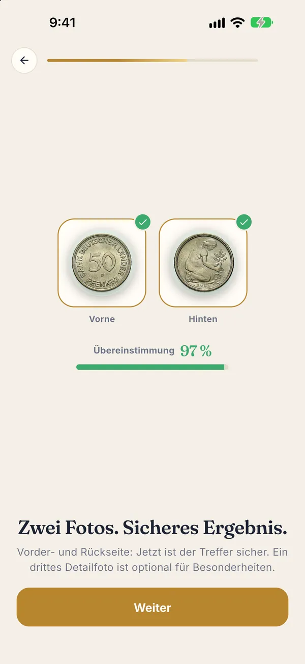 Münzen Wert: Vorder- und Rückseite einer 50-Pfennig-Münze, Übereinstimmung 97 Prozent