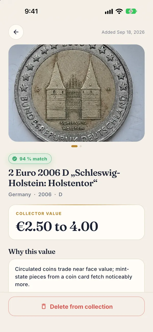 Coin Value result: 2 euro 2006 D Schleswig-Holstein, 94 percent match, collector value 2.50 to 4.00 euros