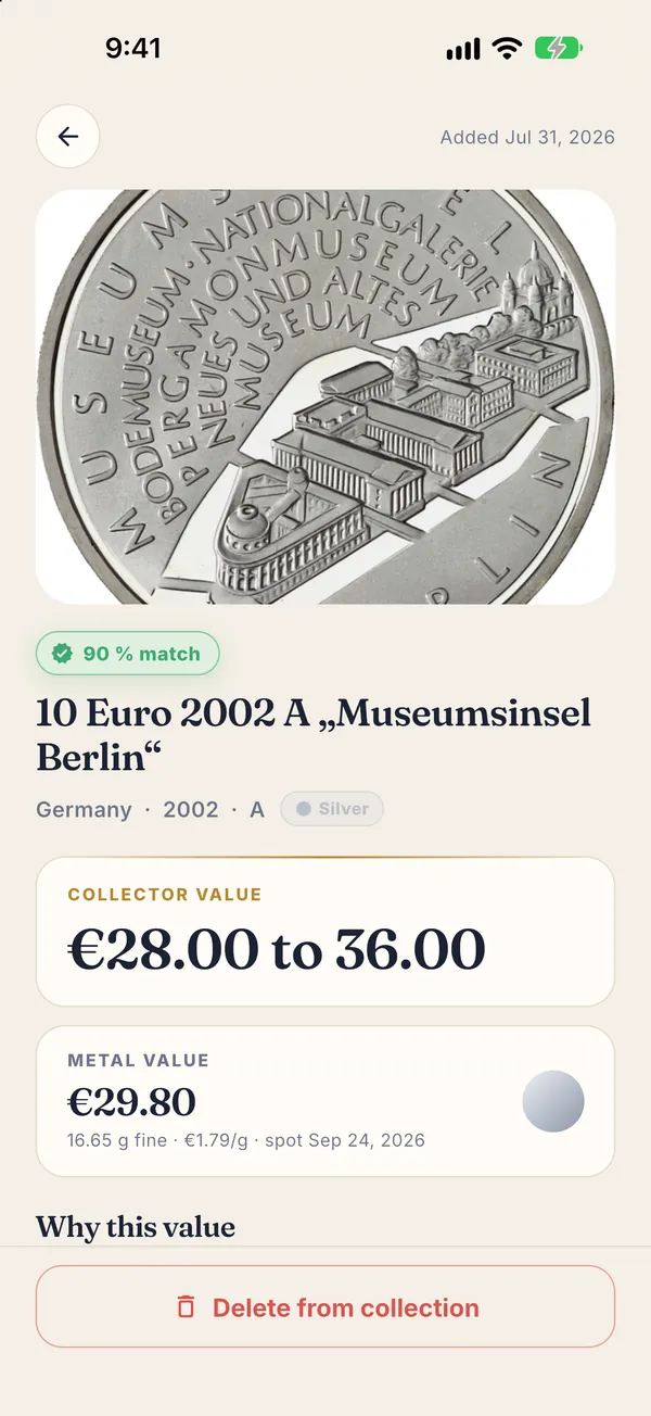Coin Value: 10 euro 2002 A Museum Island Berlin, collector value 28 to 36 euros, metal value 29.80 euros