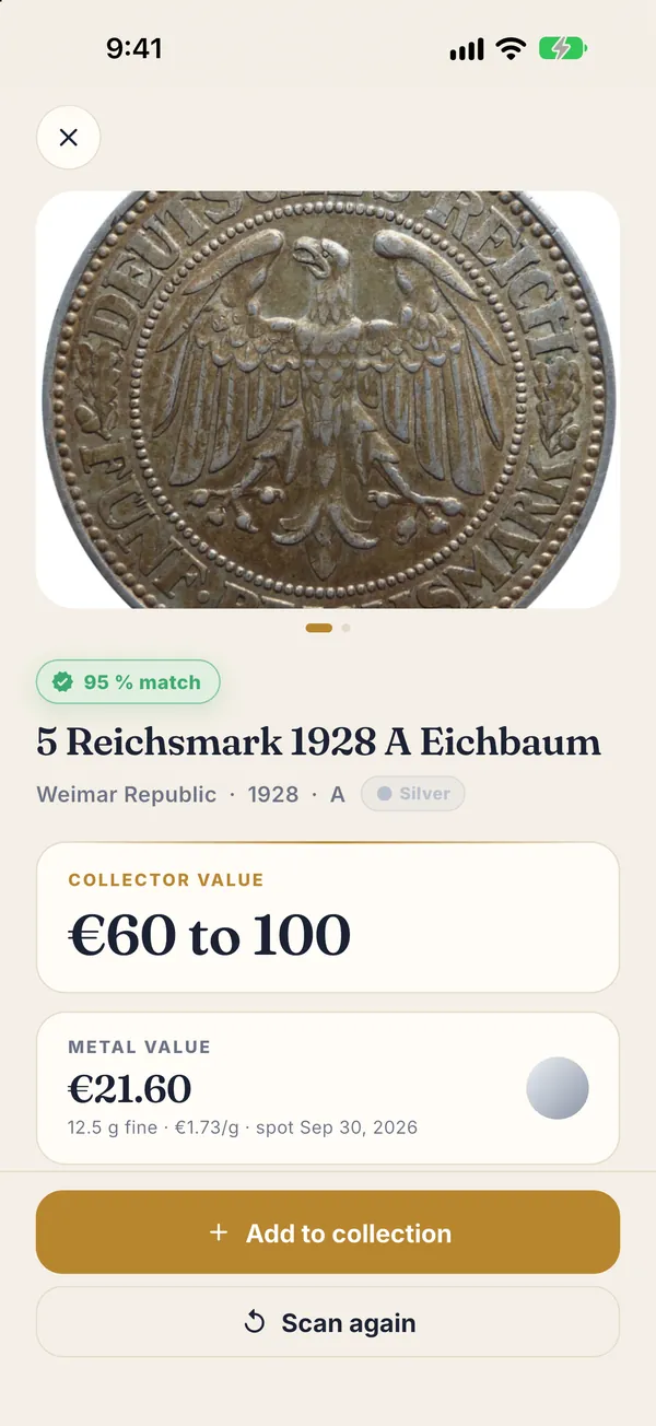 Coin Value result: 5 Reichsmark 1928 A oak tree with 95 percent match, collector value range and metal value